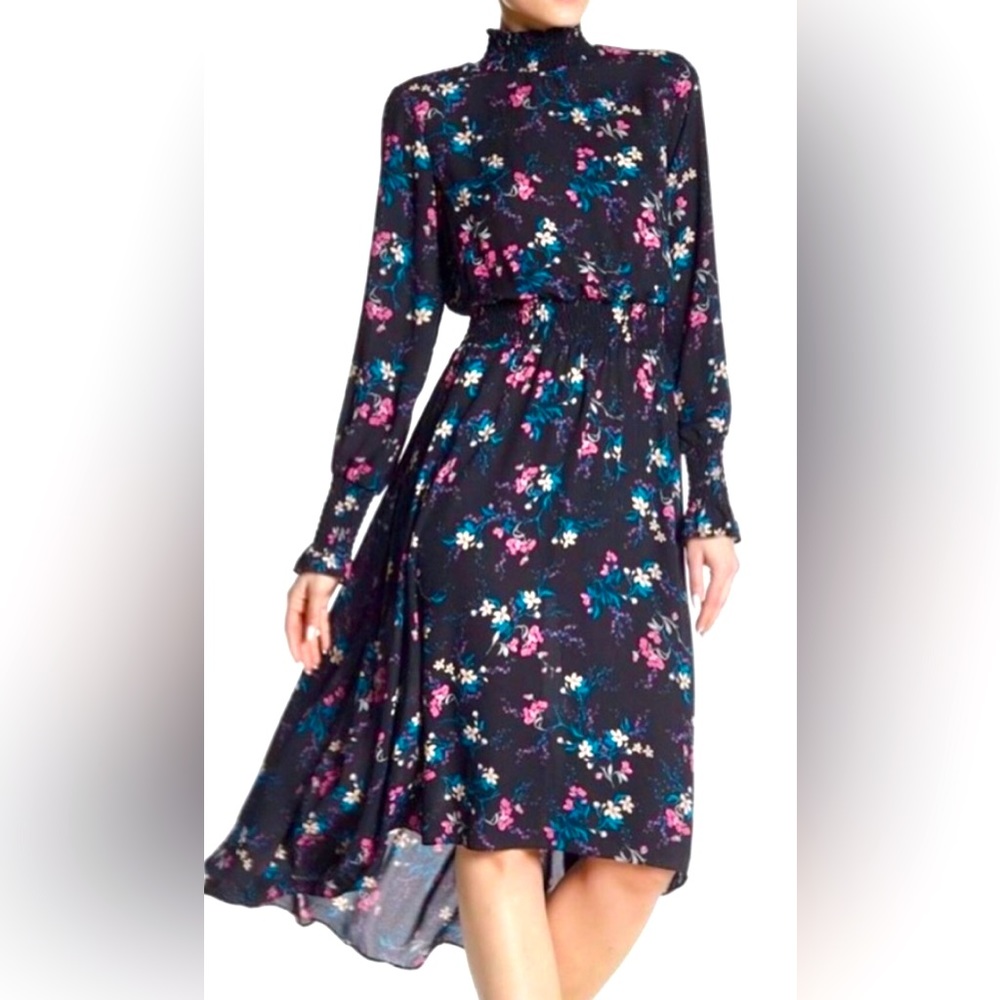 Nanette Lepore Long Sleeve High/Low Midi Dress in Very Black Raspberry Floral